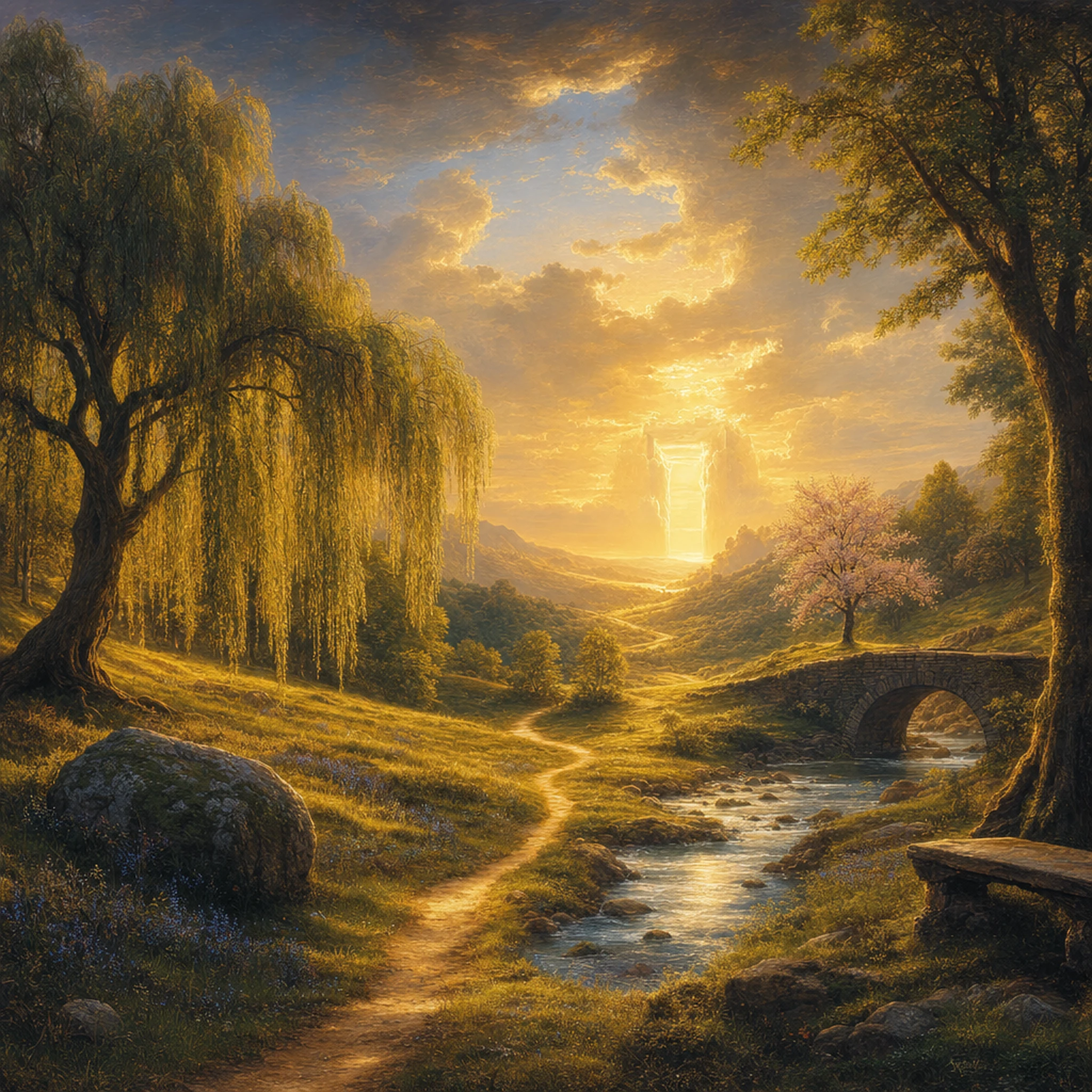 Gemaltes Paradies im Abendlicht: eine alte Trauerweide über einer Blumenwiese, ein heller Pfad zum Bach mit Steinbrücke, ein blühender Kirschbaum — und am Horizont das leuchtende Himmelstor