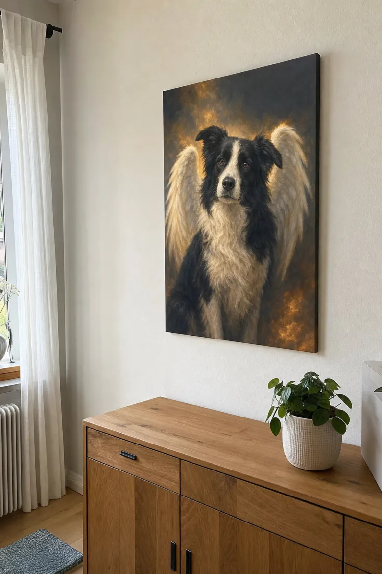 Kundenfoto: Gedenkportrait des Border Collies Sammy als Leinwand über der Wohnzimmer-Kommode