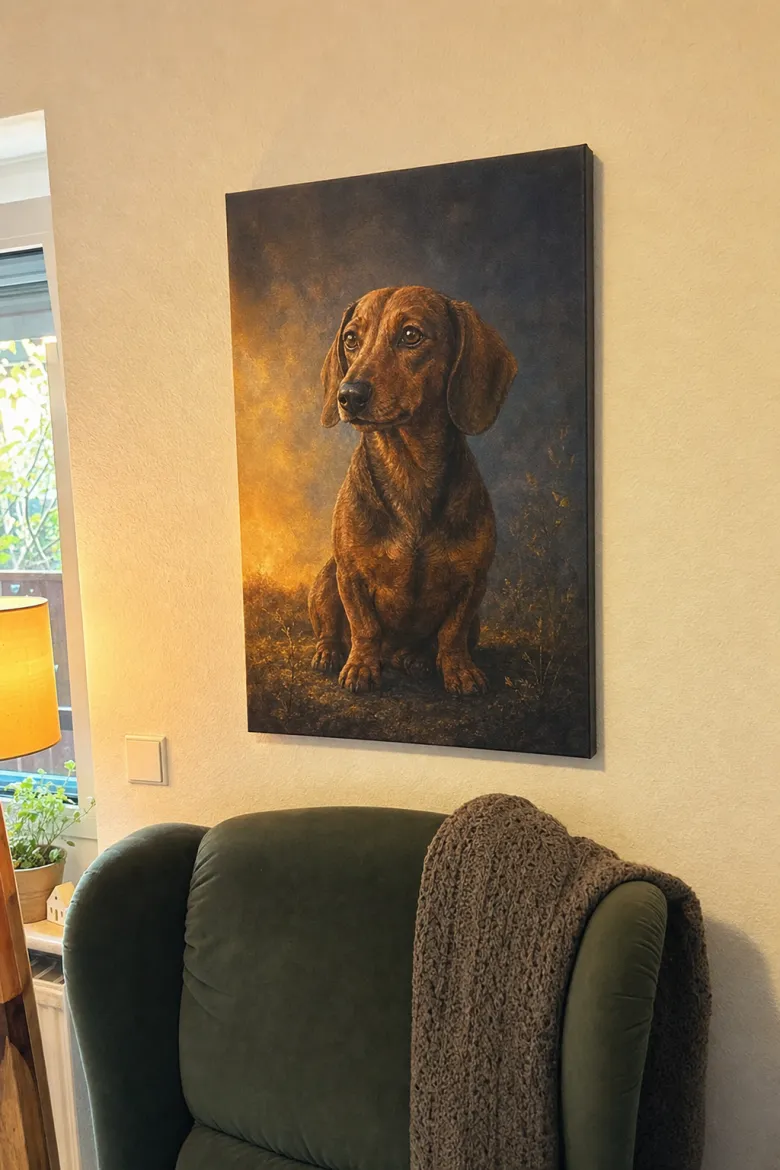 Kundenfoto: Gedenkportrait des Dackels Oskar als Leinwand über dem grünen Sessel