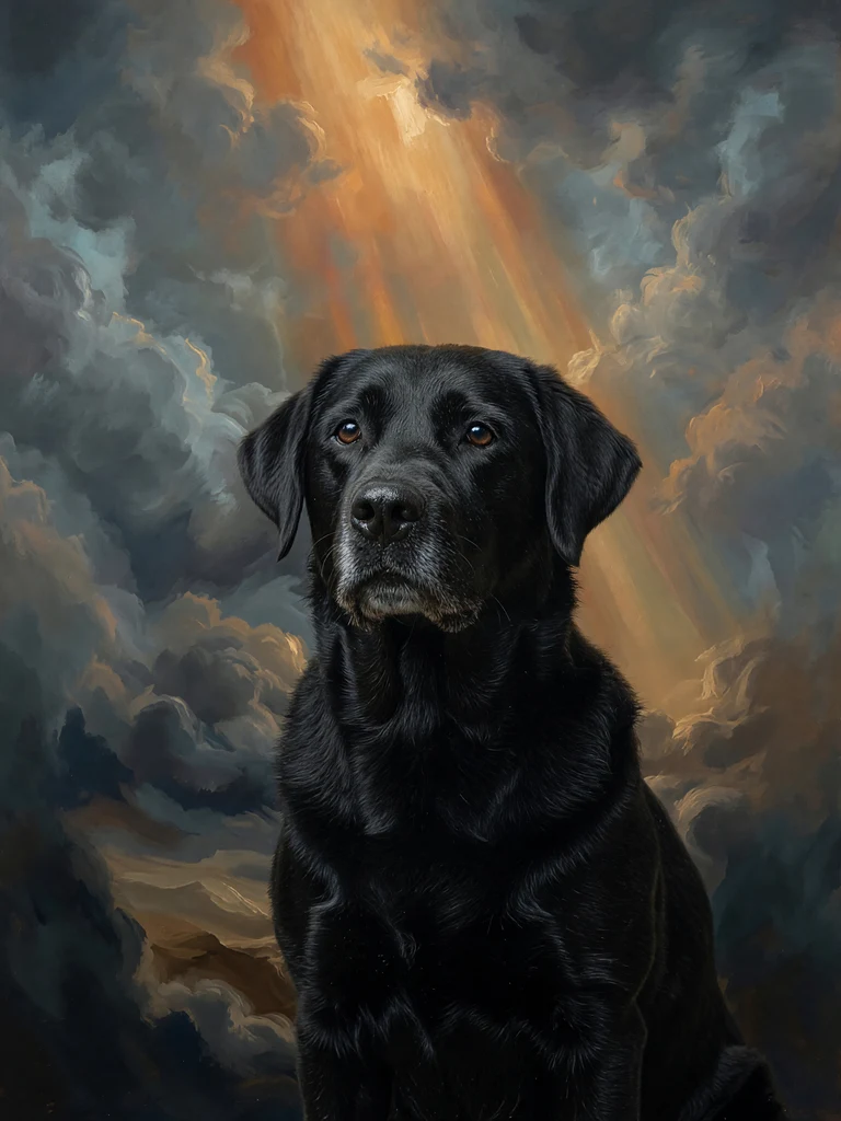 Motiv Beschützer — Portrait vor dramatischem Himmel mit Lichtstrahl