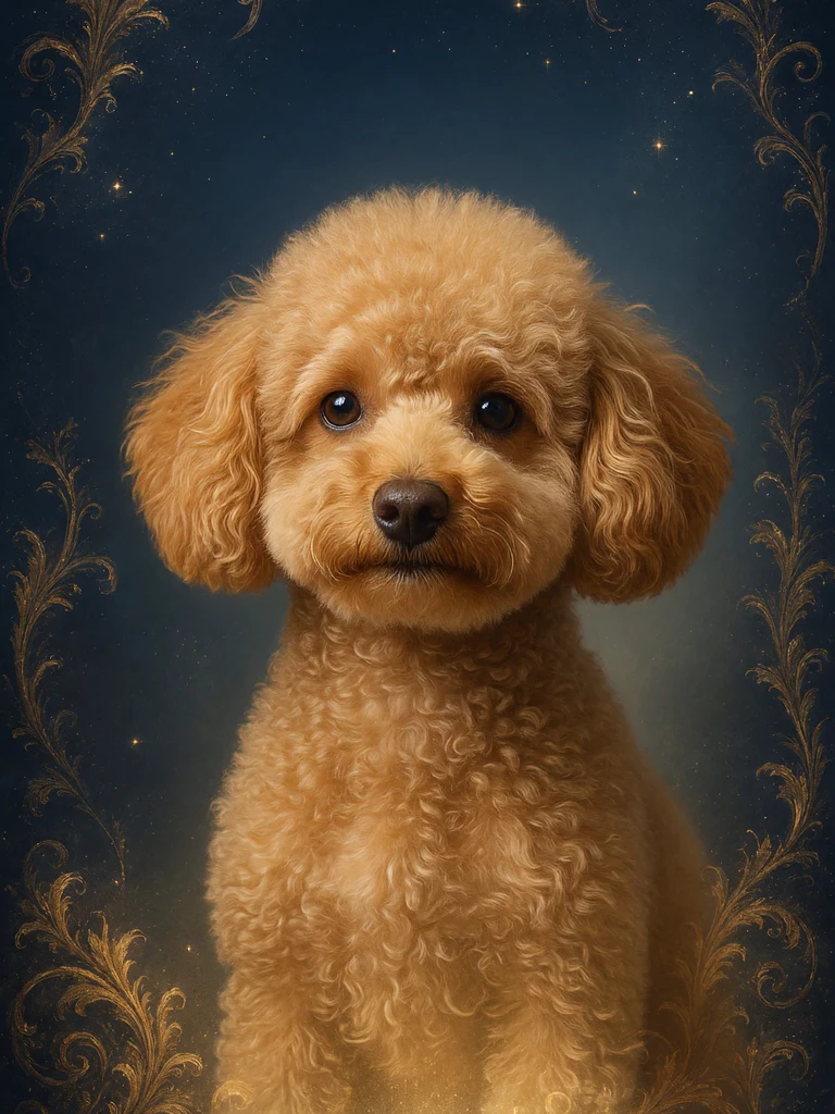 Motiv Ewiges Licht — Portrait im goldenen Kerzenschein vor abendblauem Ornament-Hintergrund