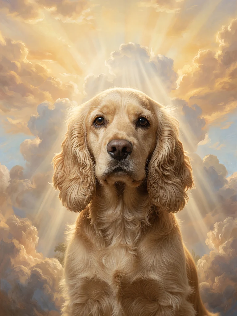 Gedenkportrait-Beispiel: Hund Balou im gewählten Motiv, im warmen Öl-Stil