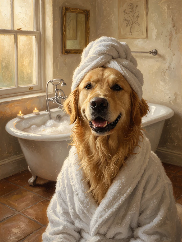 Motiv „Wellness-Tag“: Golden Retriever im Bademantel mit Handtuch-Turban im Öl-Stil
